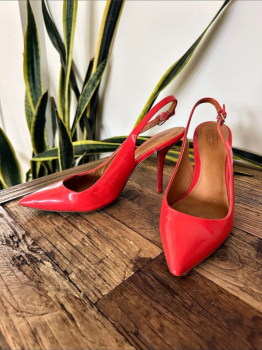 Coach- Lilly Patent Leather Pointed-Toe Slingback Heels in Coral w/wooden heel - Picture 2 of 9